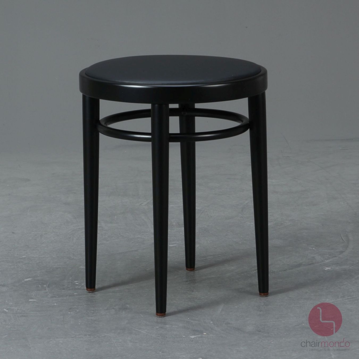 Preview: Thonet 214 PH Bugholz Hocker mit neuem schwarzem Leder gebraucht